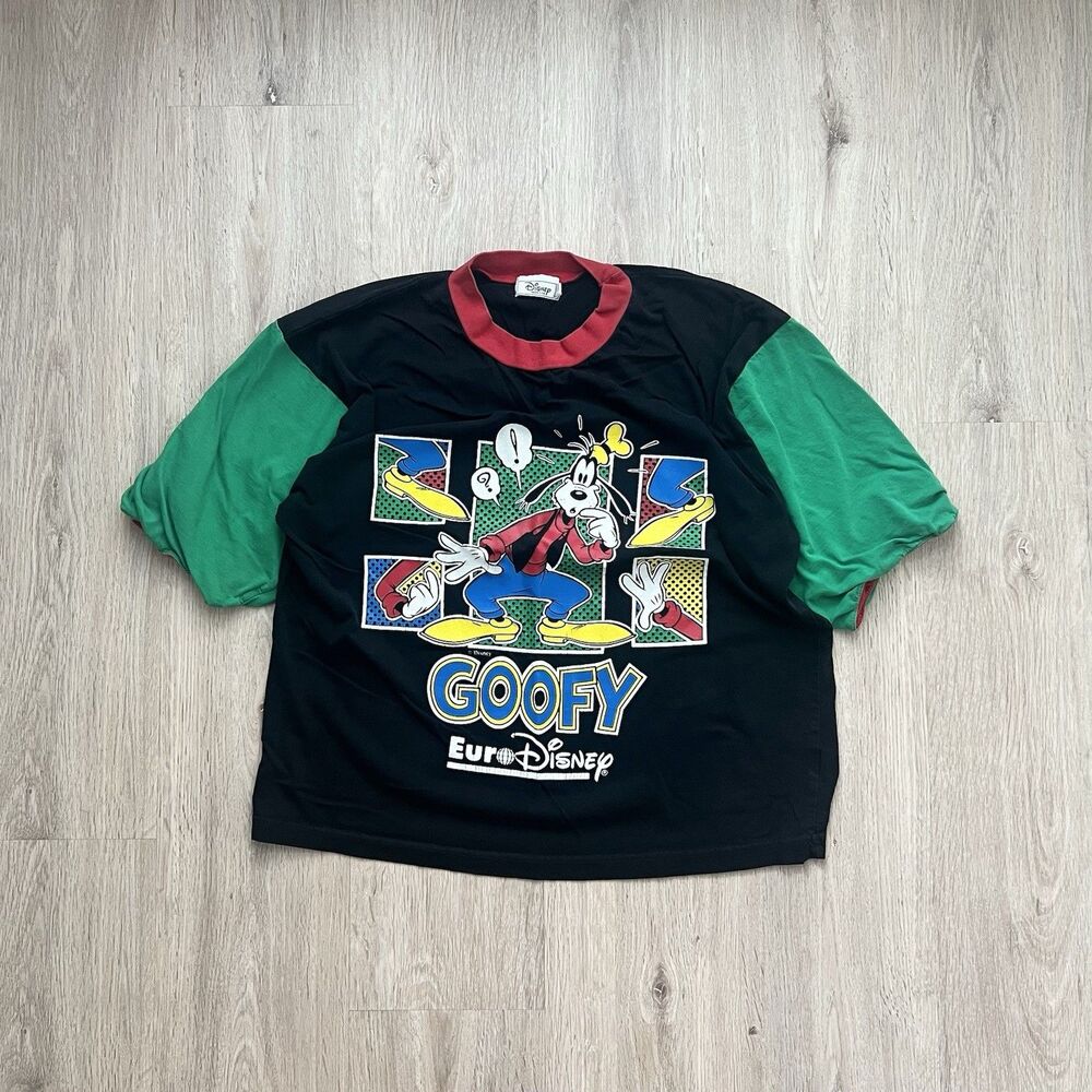 Vintage 90s Euro Disney Goofy T-Shirt XL Disney Black Green Red Colorblock Tee